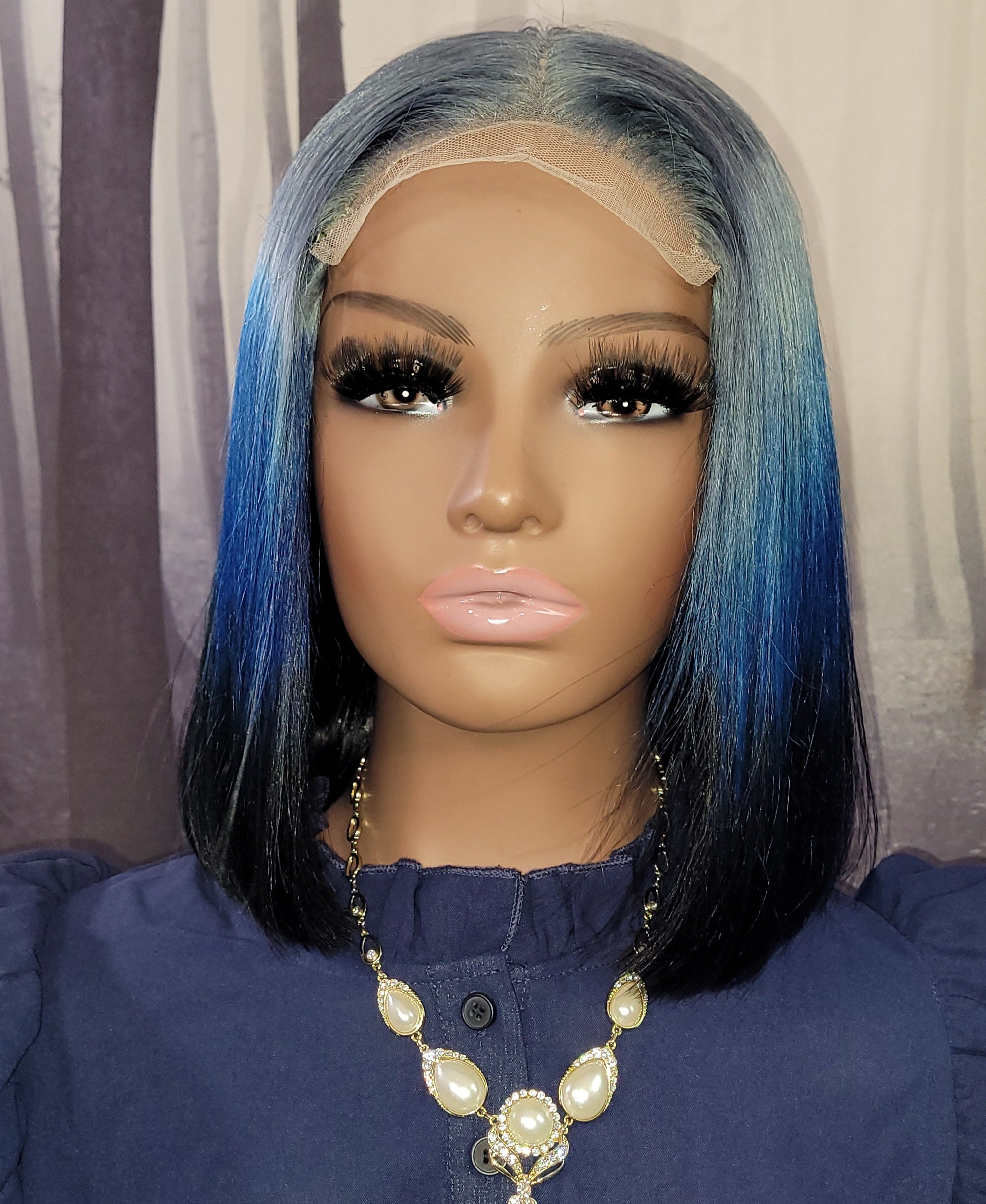 Gray Blue and Black blunt cut ombre wig